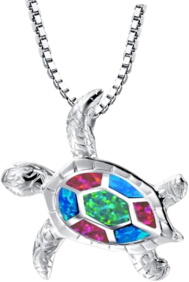 Small Turtle Pendant Statement Necklace Health and Longevity 925 Sterling Silver Created Opal Sea Turtle Pendant Necklace Birthstone Jewelry Adjustable Christmas for Women