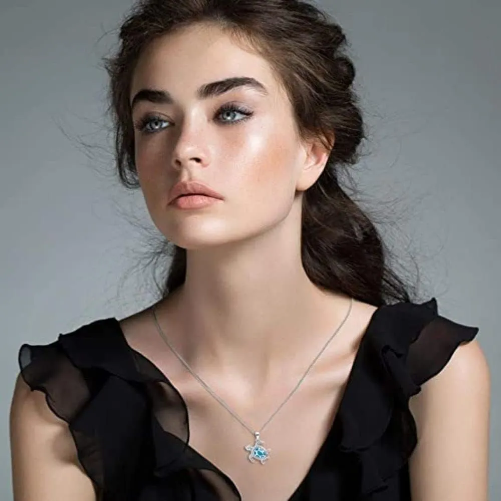 Small Turtle Pendant Statement Necklace Health and Longevity 925 Sterling Silver Created Opal Sea Turtle Pendant Necklace Birthstone Jewelry Adjustable Christmas for Women