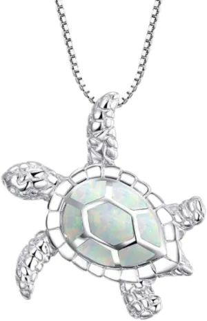 Small Turtle Pendant Statement Necklace Health and Longevity 925 Sterling Silver Created Opal Sea Turtle Pendant Necklace Birthstone Jewelry Adjustable Christmas for Women