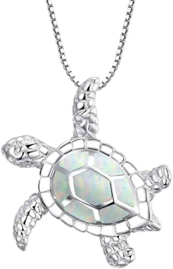 Small Turtle Pendant Statement Necklace Health and Longevity 925 Sterling Silver Created Opal Sea Turtle Pendant Necklace Birthstone Jewelry Adjustable Christmas for Women