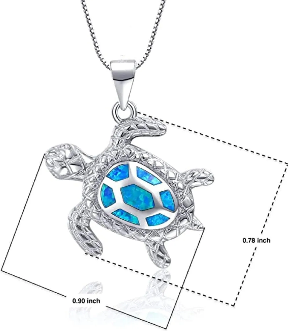 Small Turtle Pendant Statement Necklace Health and Longevity 925 Sterling Silver Created Opal Sea Turtle Pendant Necklace Birthstone Jewelry Adjustable Christmas for Women