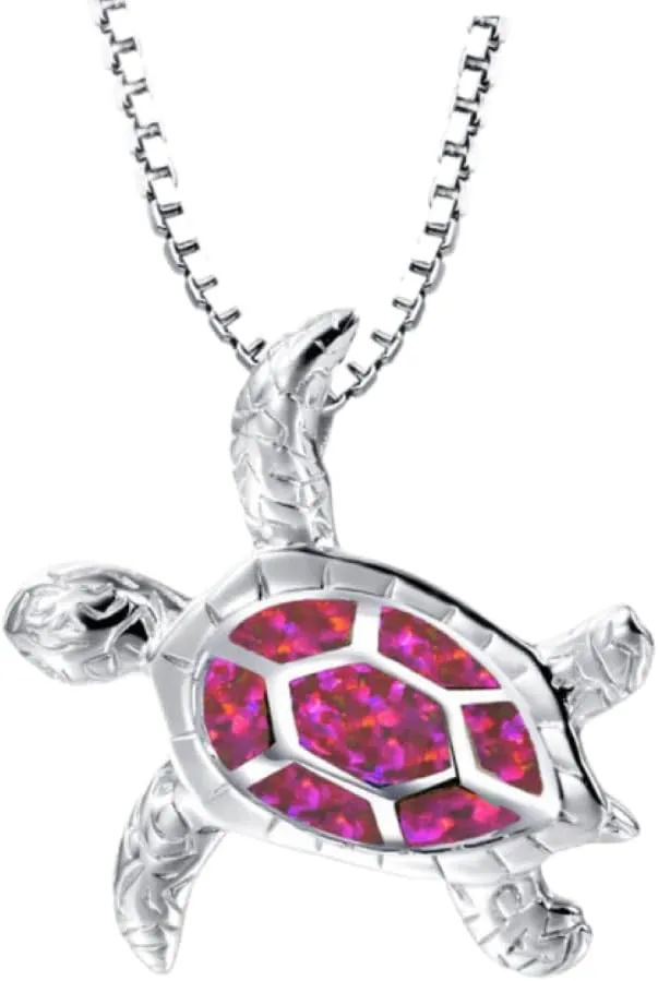 Small Turtle Pendant Statement Necklace Health and Longevity 925 Sterling Silver Created Opal Sea Turtle Pendant Necklace Birthstone Jewelry Adjustable Christmas for Women