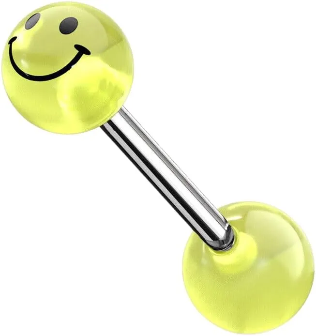 Smile Face Print Glow In The Dark Ball Surgical Steel Barbell Tongue Rings Green Body Unique Jewelry Delicate Design Piercing Steel Surgical For Women