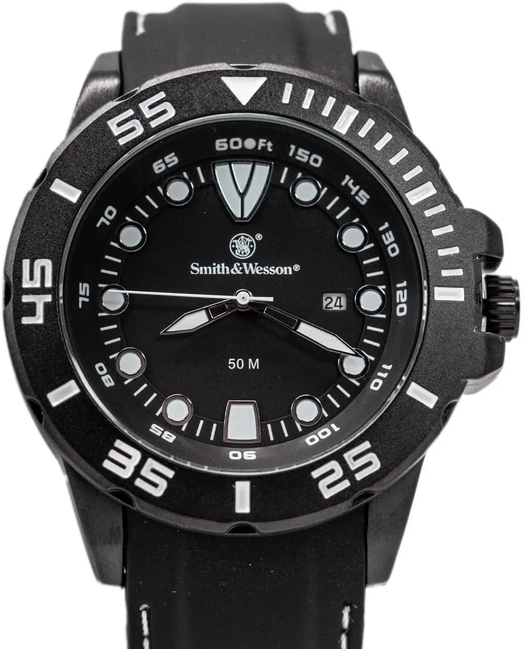 Smith & Wesson Men's Scout Watch, 5 ATM, Stainless Steel Caseback, Scratch Resistant Glass, Rubber Strap, Black with White and Orange Stitching, 48mm, Christmas Gift