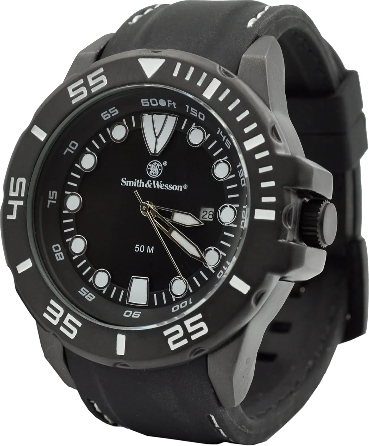 Smith & Wesson Men's Scout Watch, 5 ATM, Stainless Steel Caseback, Scratch Resistant Glass, Rubber Strap, Black with White and Orange Stitching, 48mm, Christmas Gift