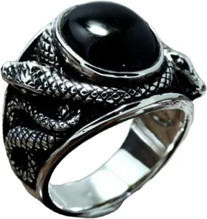 Snake Ring, Reptile Serpent Ring for Men, Norse Viking Snake Ring Snake Jewelry, Celtic Snake Ring Black Gem Snake Band Ring Punk Cobra Snake Animal Ring for mens