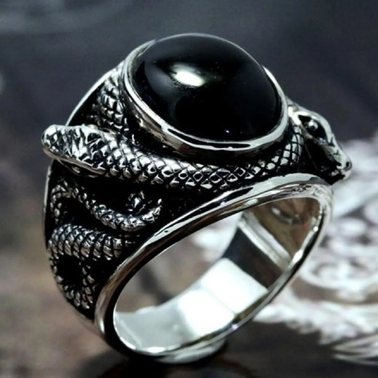 Snake Ring, Reptile Serpent Ring for Men, Norse Viking Snake Ring Snake Jewelry, Celtic Snake Ring Black Gem Snake Band Ring Punk Cobra Snake Animal Ring for mens