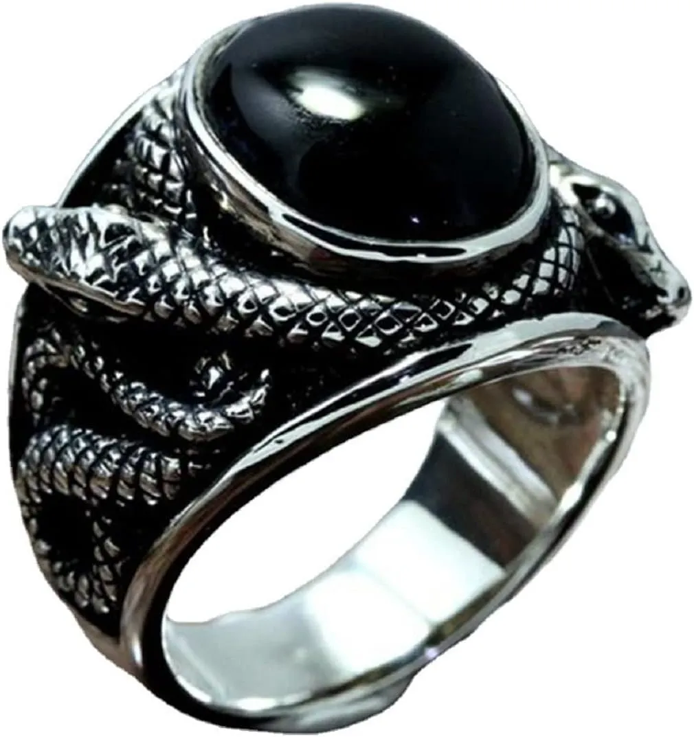 Snake Ring, Reptile Serpent Ring for Men, Norse Viking Snake Ring Snake Jewelry, Celtic Snake Ring Black Gem Snake Band Ring Punk Cobra Snake Animal Ring for mens