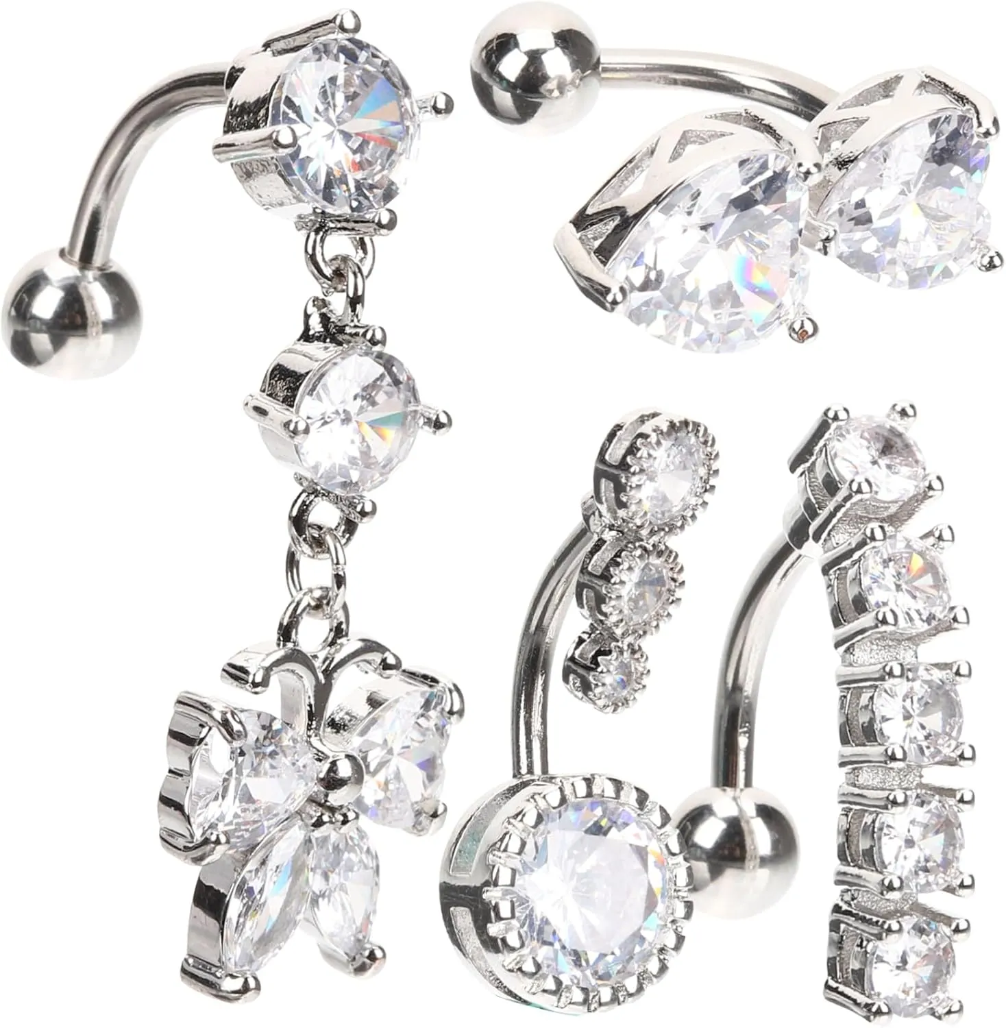SOIMISS Stainless Steel Belly Button Rings 4pcs Navel Piercing Jewelry Silver Belly Rings for Women
