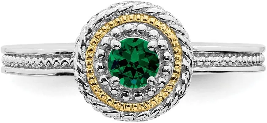 Solid 925 Sterling Silver and 14k Yellow Gold Stackable Created Emerald Green May Gemstone Ring Eternity Band