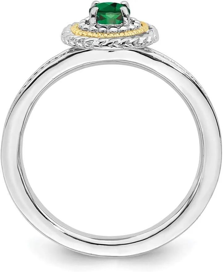 Solid 925 Sterling Silver and 14k Yellow Gold Stackable Created Emerald Green May Gemstone Ring Eternity Band