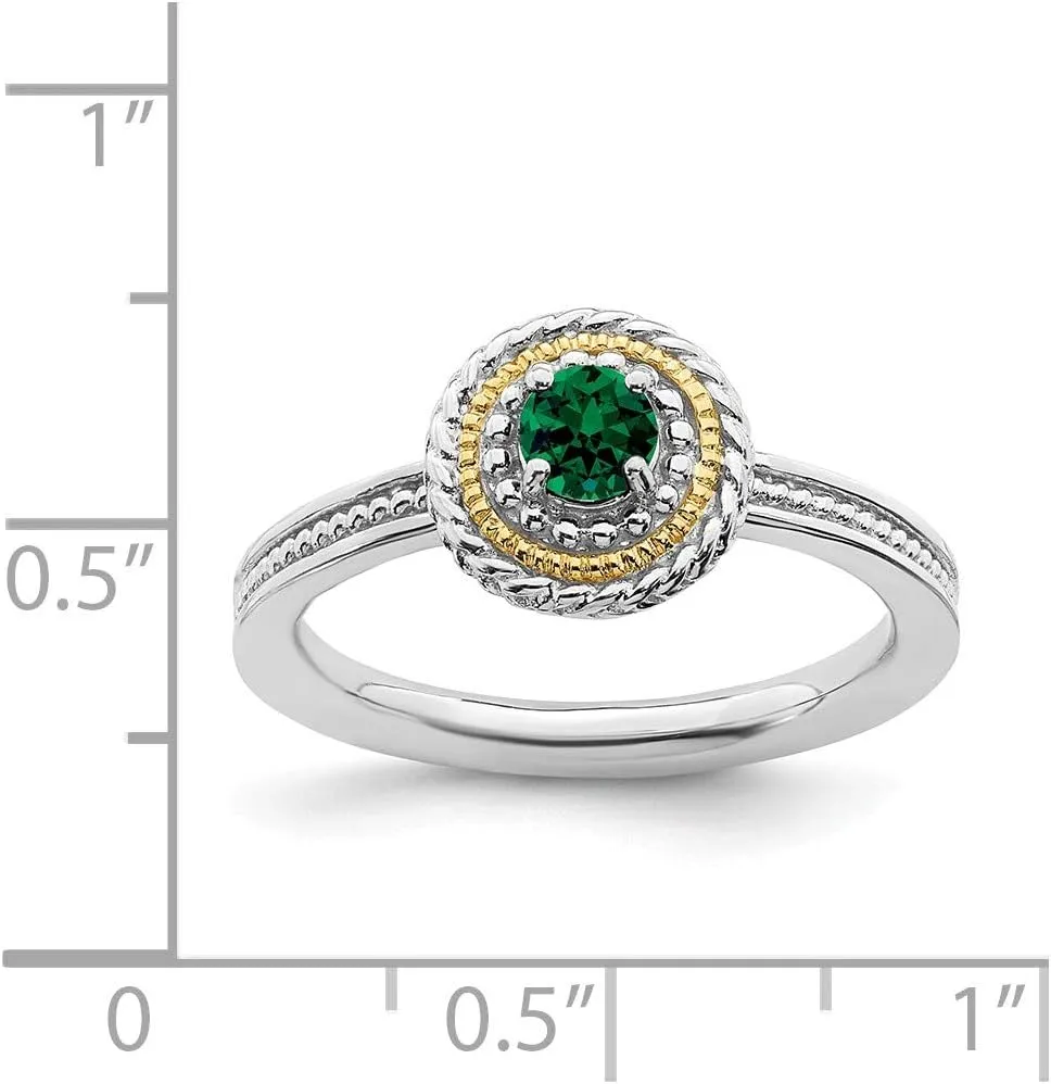 Solid 925 Sterling Silver and 14k Yellow Gold Stackable Created Emerald Green May Gemstone Ring Eternity Band