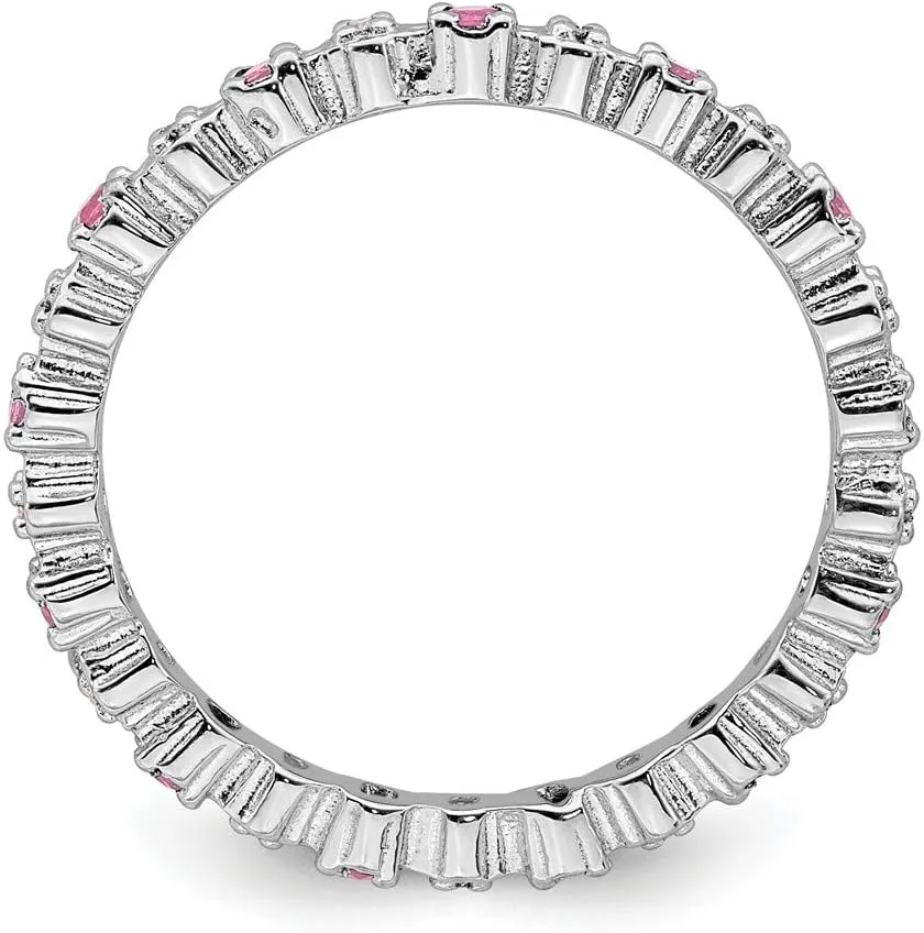 Solid 925 Sterling Silver Stackable Pink Tourmaline October Gemstone and Diamond Ring Eternity Band