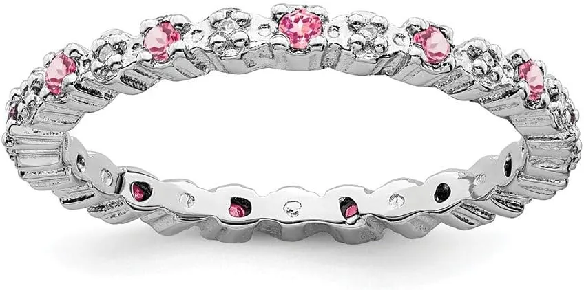 Solid 925 Sterling Silver Stackable Pink Tourmaline October Gemstone and Diamond Ring Eternity Band