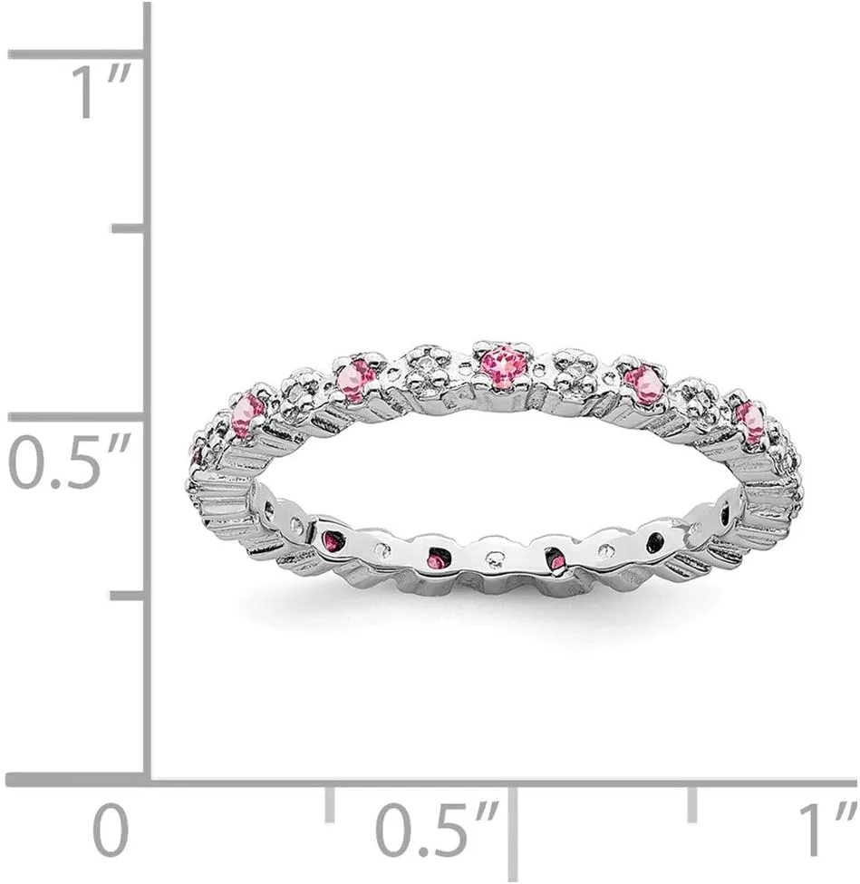 Solid 925 Sterling Silver Stackable Pink Tourmaline October Gemstone and Diamond Ring Eternity Band