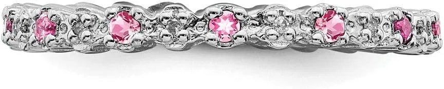 Solid 925 Sterling Silver Stackable Pink Tourmaline October Gemstone and Diamond Ring Eternity Band