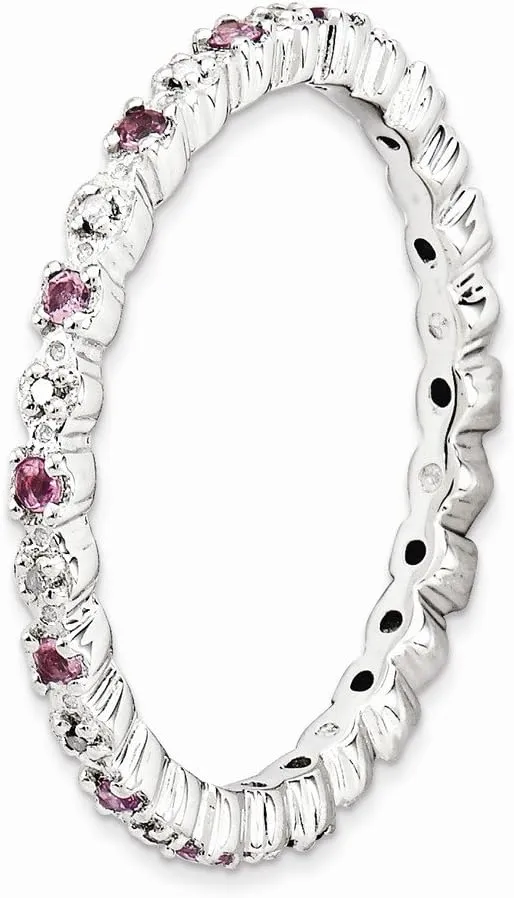 Solid 925 Sterling Silver Stackable Pink Tourmaline October Gemstone and Diamond Ring Eternity Band