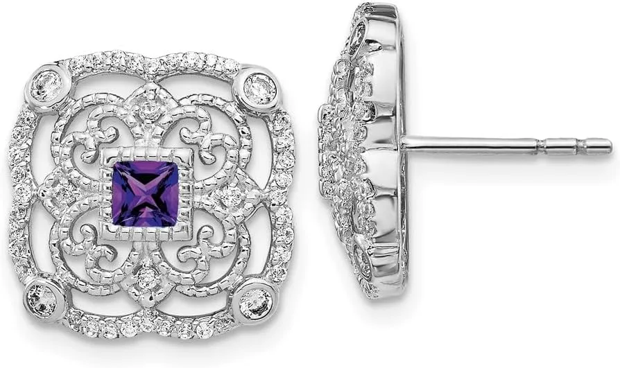 Solid Real 14k White Gold Diamond and Amethyst Purple February Gemstone Unique Button Post Studs Earrings 14mm (.376 cttw.)