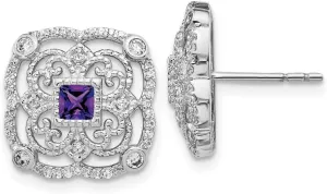 Solid Real 14k White Gold Diamond and Amethyst Purple February Gemstone Unique Button Post Studs Earrings 14mm (.376 cttw.)