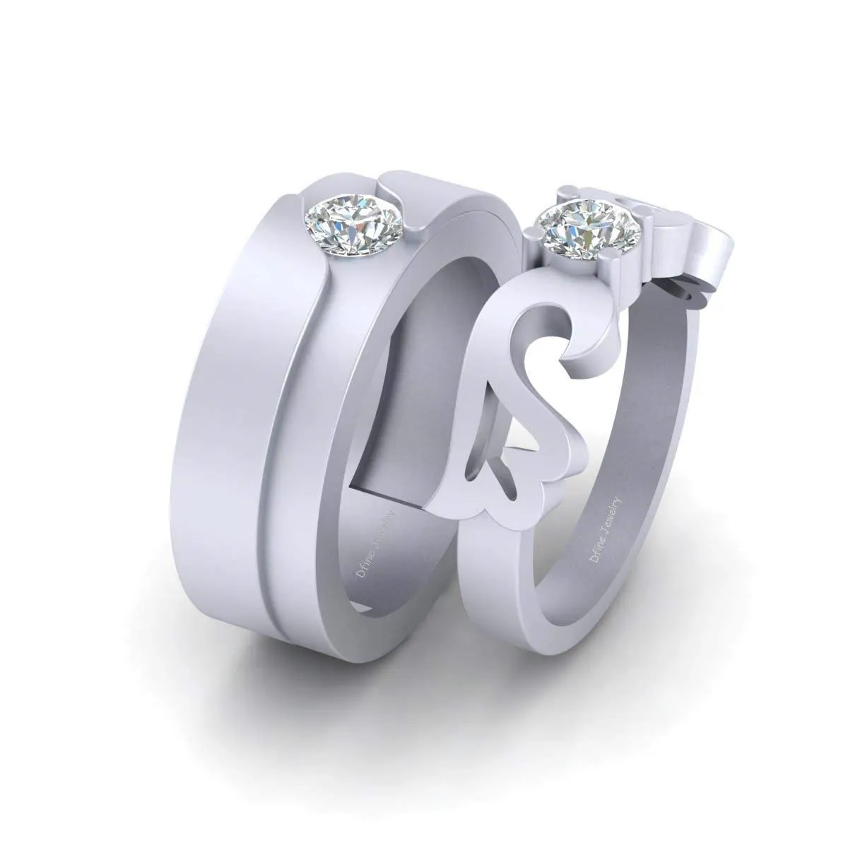Solitaire Diamond Engagement Ring Wedding Band Set His and Her Matching Couple Ring Set