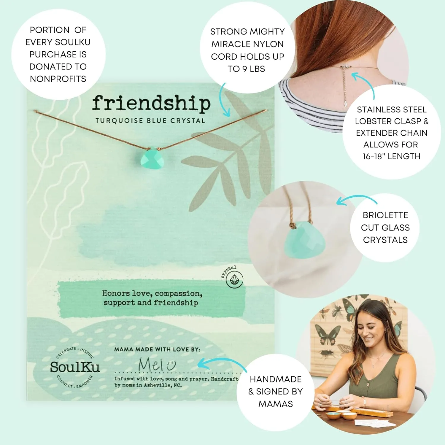 SoulKu Turquoise Blue Crystal Soul Shine Necklace for Friendship, Handmade Empowering Jewelry, Inspirational Gift for Women or Girls, Nylon Cord & Stainless Steel Lobster Clasp & Extender
