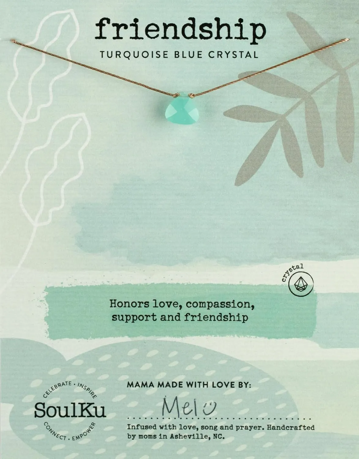 SoulKu Turquoise Blue Crystal Soul Shine Necklace for Friendship, Handmade Empowering Jewelry, Inspirational Gift for Women or Girls, Nylon Cord & Stainless Steel Lobster Clasp & Extender