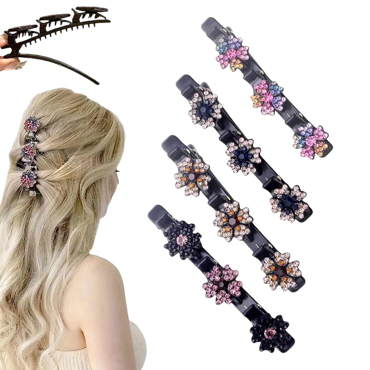 Sparkling Crystal Stone Braided Hair Clips for Women and Girls, 2025 New Rhinestone Hair Clips Hair Braid Clips, Easily Braided Hair Bands, Shiny Rhinestone Hair Clip (Mix, 4PCS)