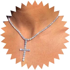 Sparkly Rhinestone Choker Necklace Crystal Cross Pendant Silver Tennis Chain Necklace Cz Cross Necklace Choker Jewelry for Women