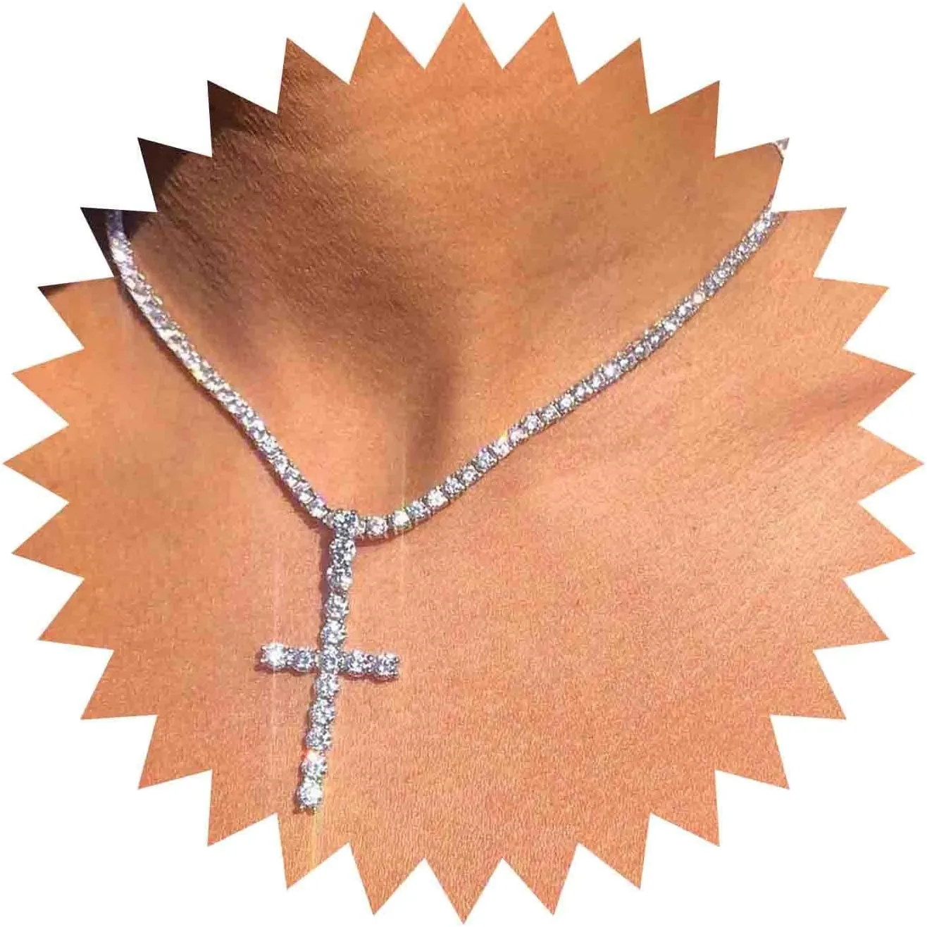 Sparkly Rhinestone Choker Necklace Crystal Cross Pendant Silver Tennis Chain Necklace Cz Cross Necklace Choker Jewelry for Women