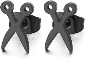 Stainless Steel Mens Womens Black Flat Scissors Stud Earrings, 2pcs, Unique