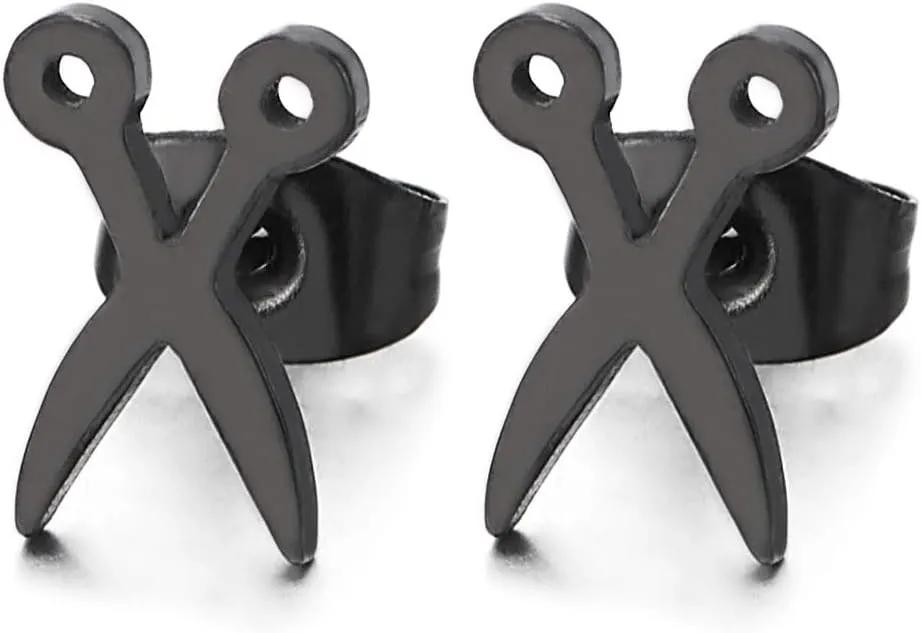 Stainless Steel Mens Womens Black Flat Scissors Stud Earrings, 2pcs, Unique