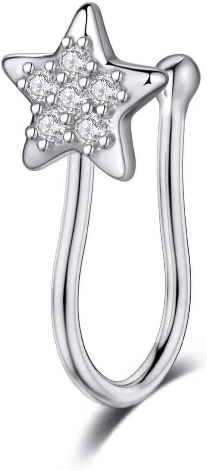 Star Fake Nose Rings for Women Sterling Silver Cubic Zirconia Nose Cuffs Adjustable Clip On Nose Rings U-Shaped Non Piercing Nose Jewelry