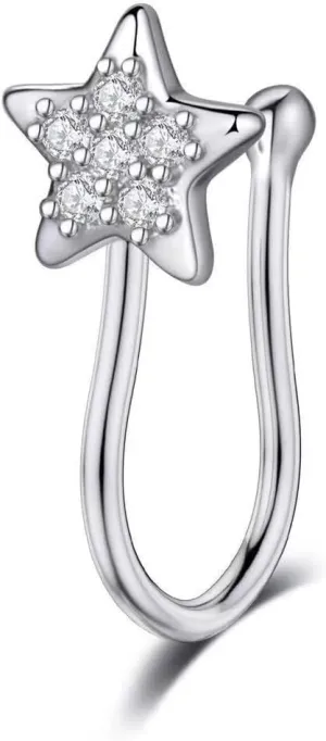 Star Fake Nose Rings for Women Sterling Silver Cubic Zirconia Nose Cuffs Adjustable Clip On Nose Rings U-Shaped Non Piercing Nose Jewelry