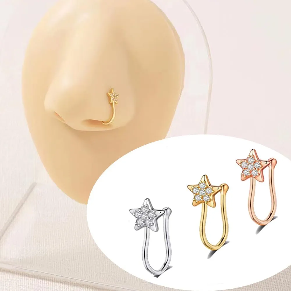 Star Fake Nose Rings for Women Sterling Silver Cubic Zirconia Nose Cuffs Adjustable Clip On Nose Rings U-Shaped Non Piercing Nose Jewelry