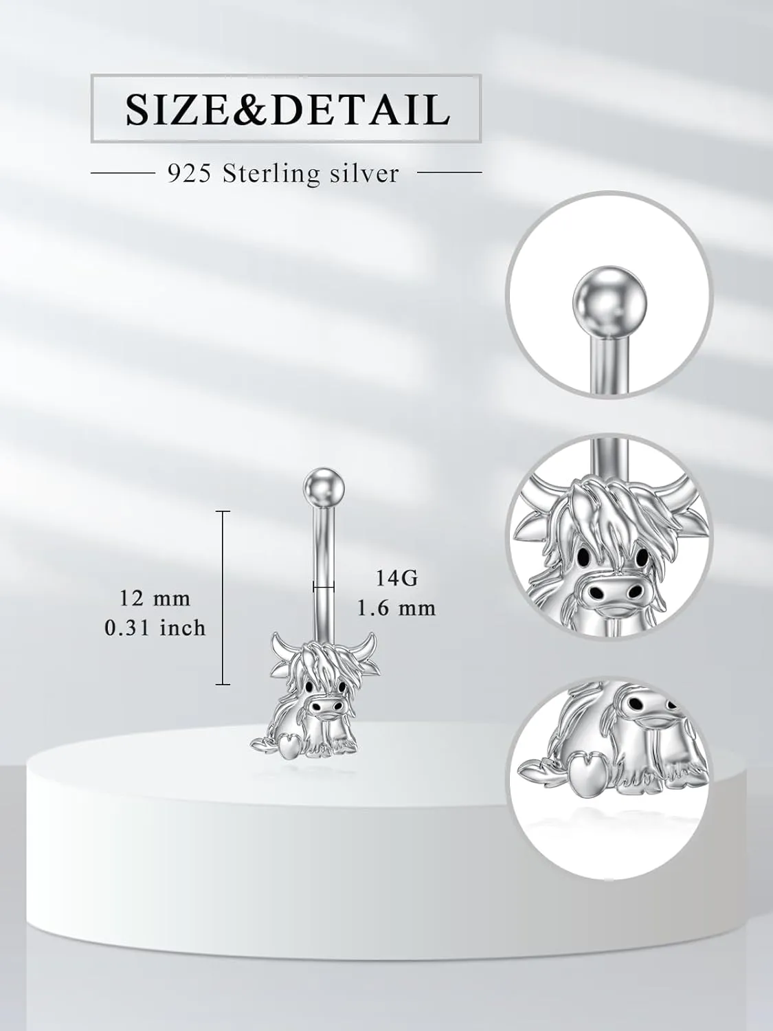 Sterling Silver 14G Belly Button Rings Cross/Cat/Butterfly/Cow/Skull/Birthstone Heart Navel Rings 16mm Body Piercing Jewelry for Women