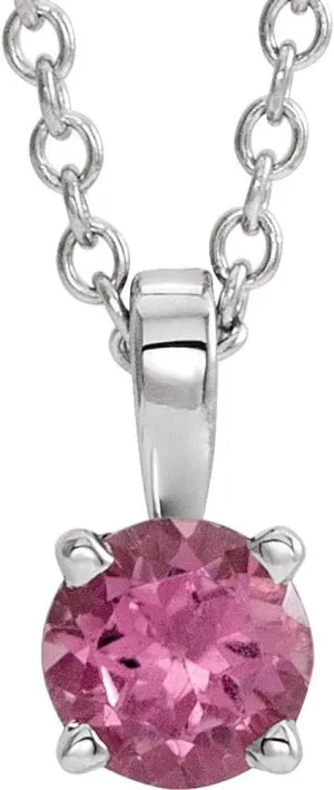 Sterling Silver 5mm Round Shape Imitation Pink Tourmaline Birthstone Necklace Fine Jewelry for Women Gifts for Her (9.5x5mm), 16-18"