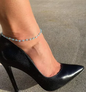 Sterling Silver Anklet Beaded with Blue Chalcedony Stones, 925 Silver Ankle Bracelet Delicate Beach Jewelry Something Blue Simple Boho Gift - Handcrafted in the USA.