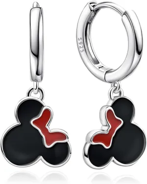 Sterling Silver Black Mouse Hoop Earrings for Women Cute Delicate Mouse Dangle Huggie Earrings Hypoallergenic Lucky Princess Animal Jewelry for Daughter Birthday Gifts
