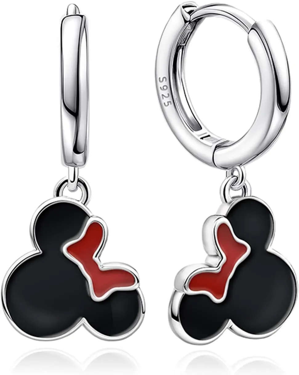 Sterling Silver Black Mouse Hoop Earrings for Women Cute Delicate Mouse Dangle Huggie Earrings Hypoallergenic Lucky Princess Animal Jewelry for Daughter Birthday Gifts