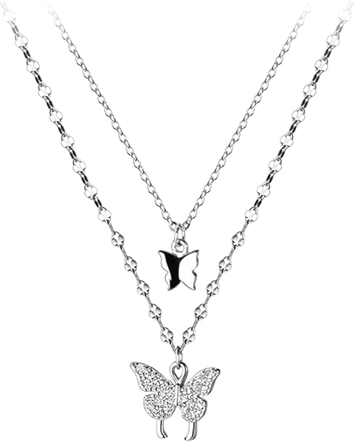 Sterling Silver Butterfly Necklace, Vintage Layered Crystal Necklace for Women & Teen Girls, 925 Silver Choker with Double Butterfly Pendant