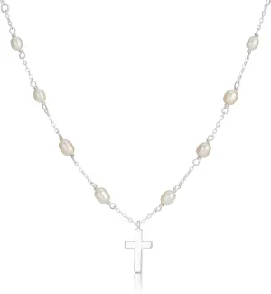 Sterling Silver Chain, Pearl & Cross Necklace For Girls and Women. Delicate Pendant Teen Jewelry Present For Holy Communion, Flower Girl Gift, Birthday, Sweet 16