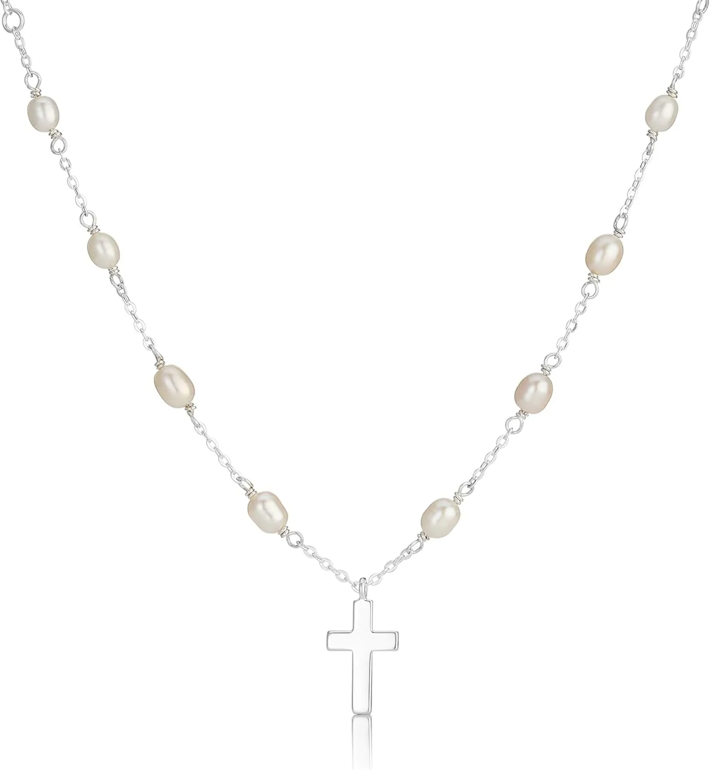 Sterling Silver Chain, Pearl & Cross Necklace For Girls and Women. Delicate Pendant Teen Jewelry Present For Holy Communion, Flower Girl Gift, Birthday, Sweet 16