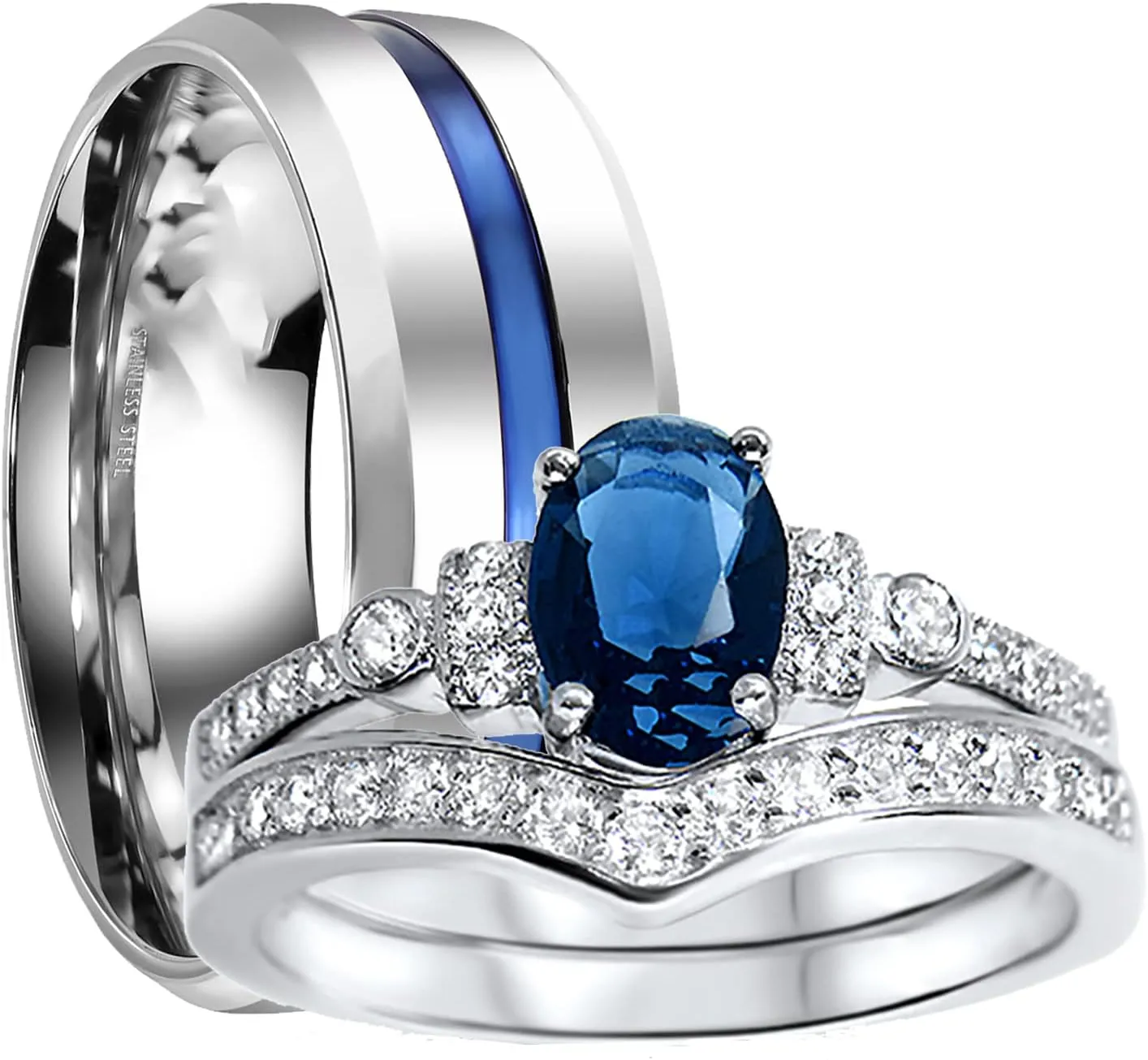 Sterling Silver His Hers TRIO Wedding Ring Set Matching Couples Rings for Women Men