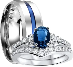 Sterling Silver His Hers TRIO Wedding Ring Set Matching Couples Rings for Women Men