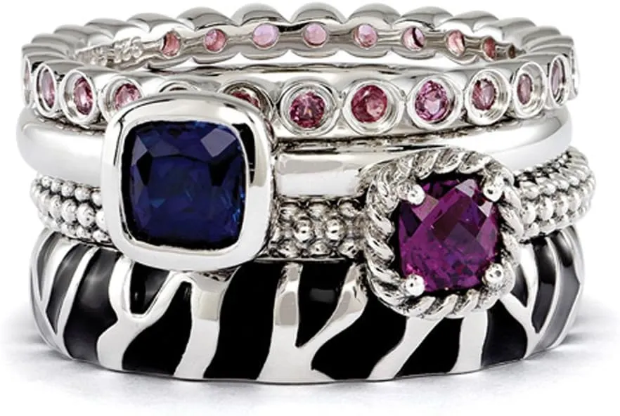 Sterling Silver, Multi Gemstone Stackable Safari Ring Set
