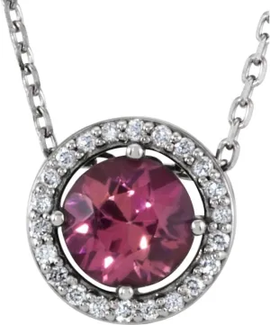 Sterling Silver Round Shape Imitation Pink Tourmaline and .05 cttw Diamond Halo-Style Necklace Fine Jewelry for Women Gifts for Her (G-H, I1, 8.4mm), 16"
