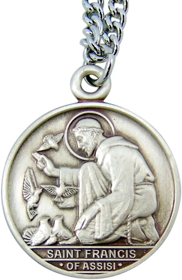 Sterling Silver Saint Francis of Assisi with Birds Round Medal Pendant