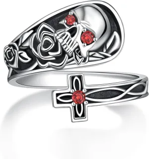 Sterling Silver Skull Spoon Ring - Women Rings Vintage Victorian Style Antique Adjustable Cross Thumb Rings