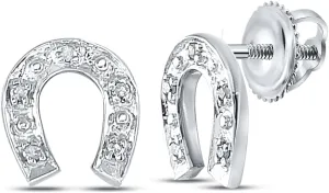 Sterling Silver Womens Round Diamond Horseshoe Earrings 1/20ctw, Length: 0.28 Inch Width: 0.31 Inch