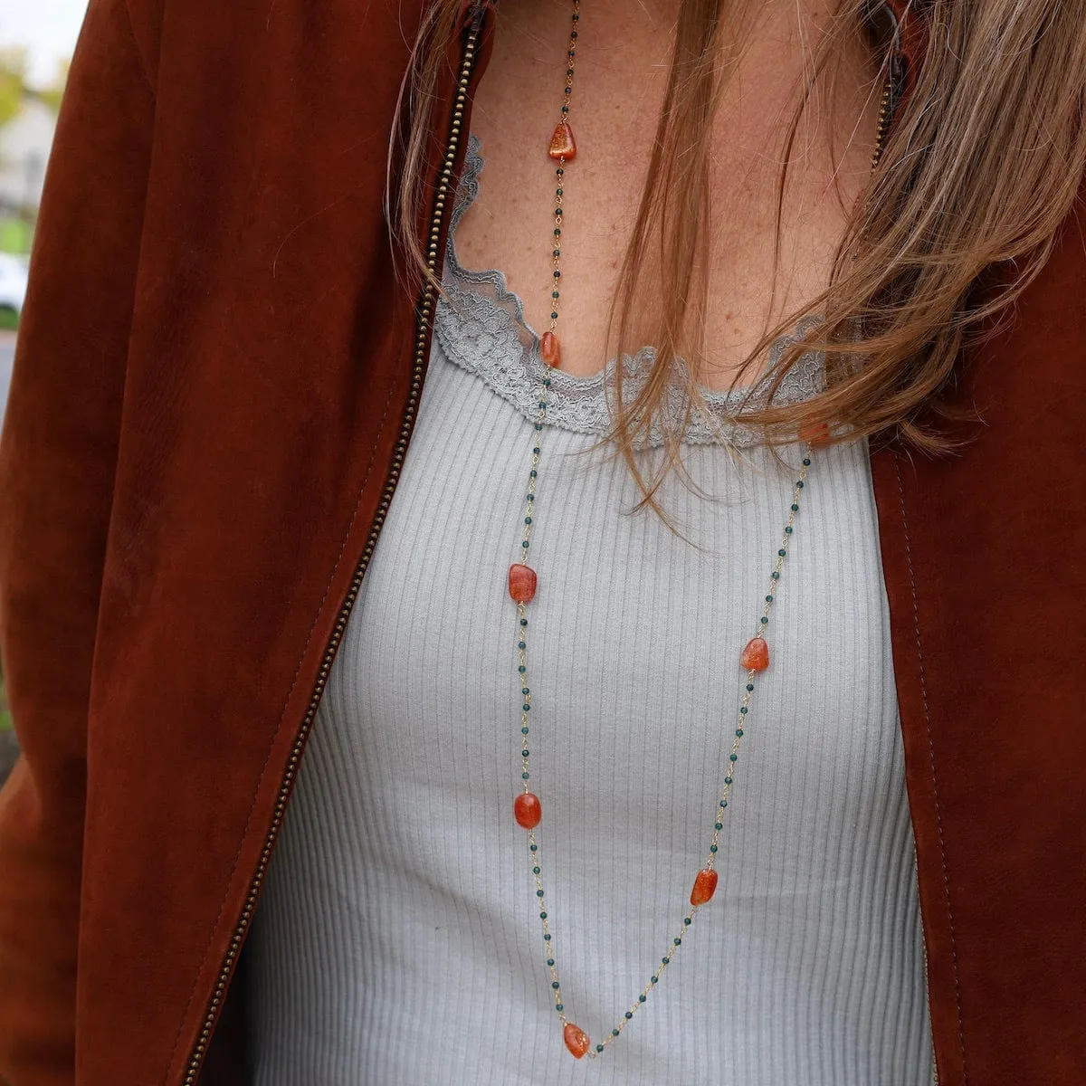 Sunstone & Blue Quartz Long Necklace